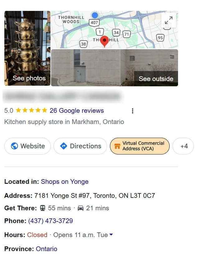 Mock-up of a Google business snippet for a Toronto store showing a Virtual Commercial Address (VCA) button next to Website and Directions